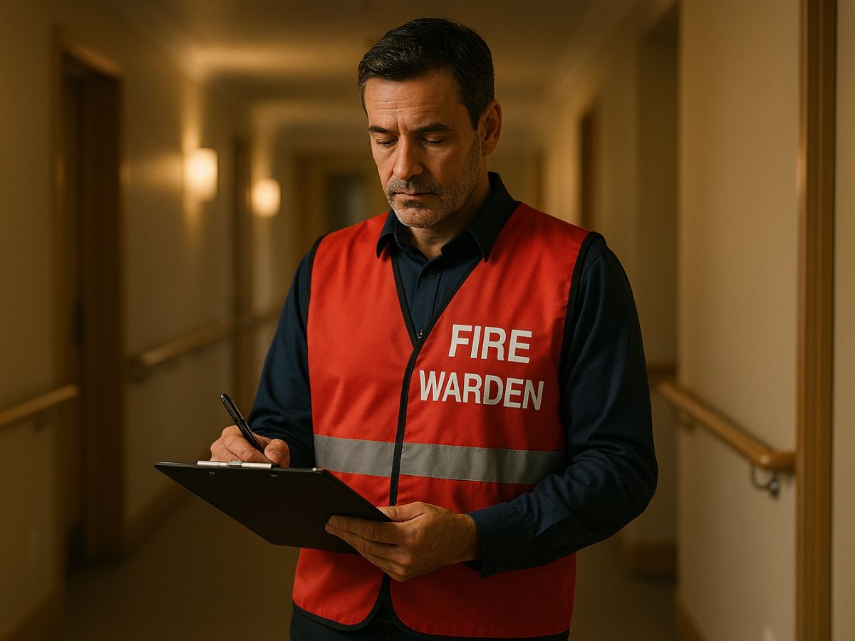 Fire warden in hi-vis on site